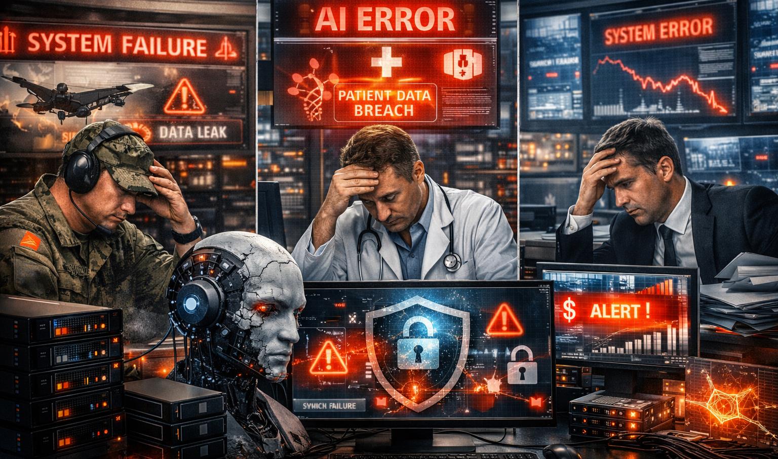 Realistic visualization of generic AI tools failing in sensitive sectors like defense, healthcare, and finance, contrasted with sovereign AI infrastructure.